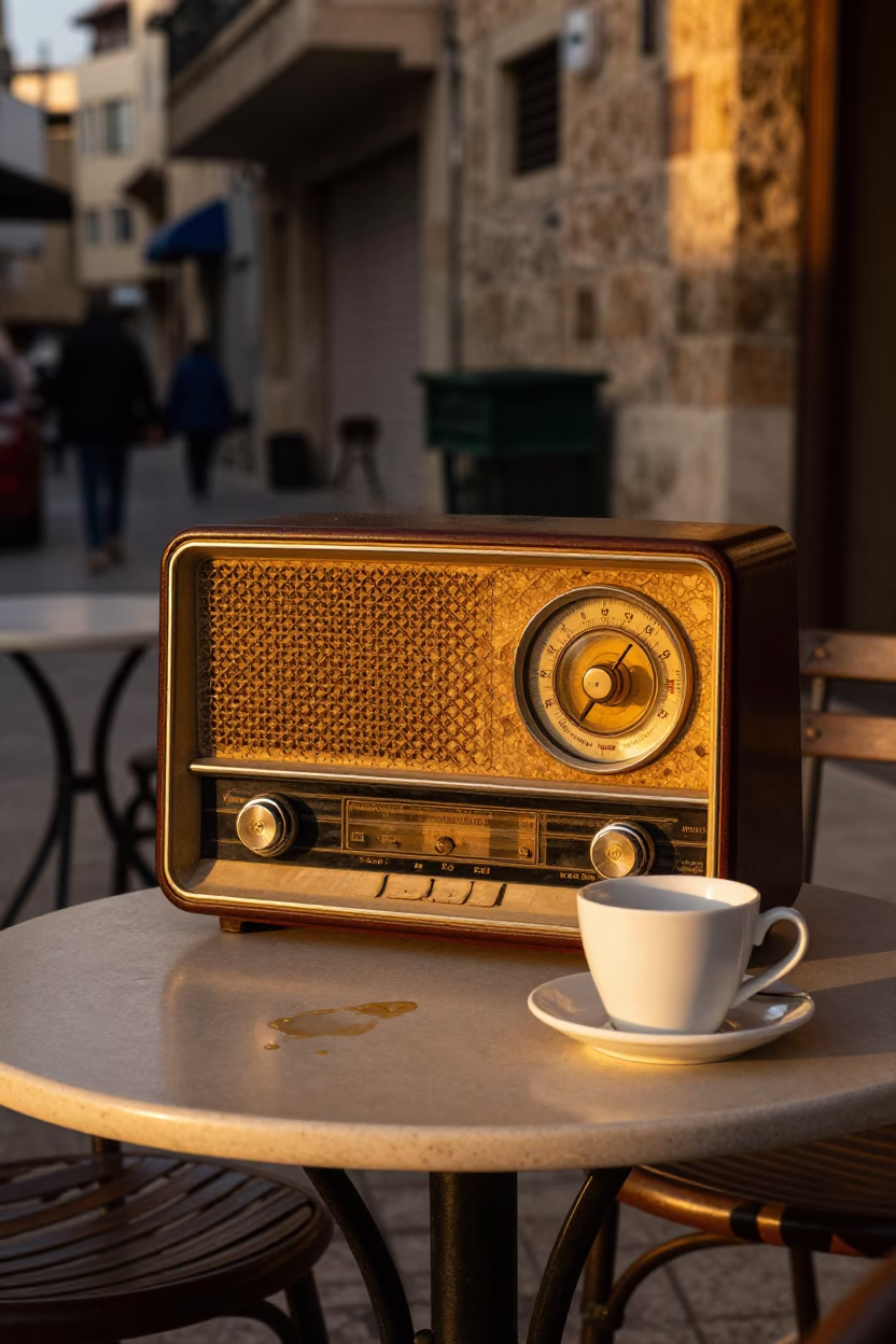 Vintage Radio on Cafe Table in Honeyed Evening Light Beirut Lebanon Street Scene in in Beirut, Lebanon