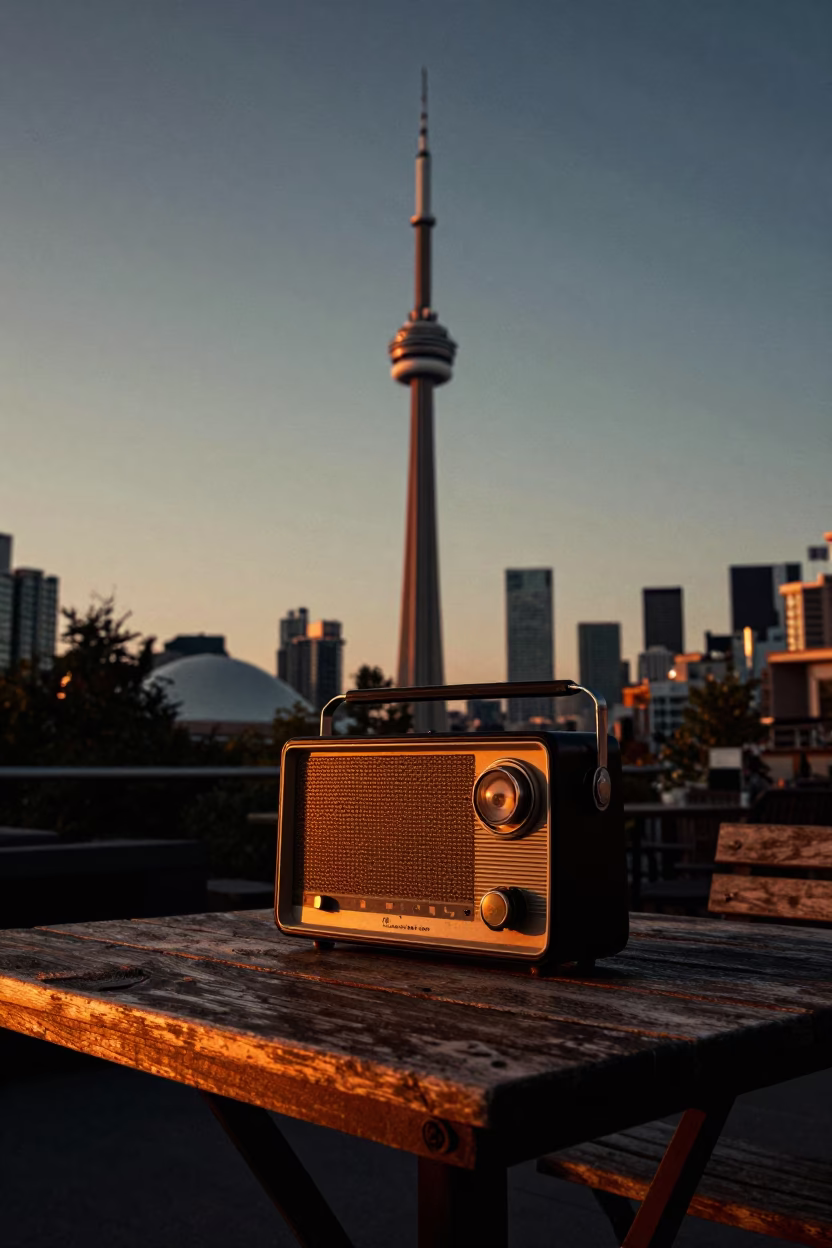 Vintage Radio on Toronto Cafe Table at Sunset Near CN Tower in in Toronto, Ontario, Canada