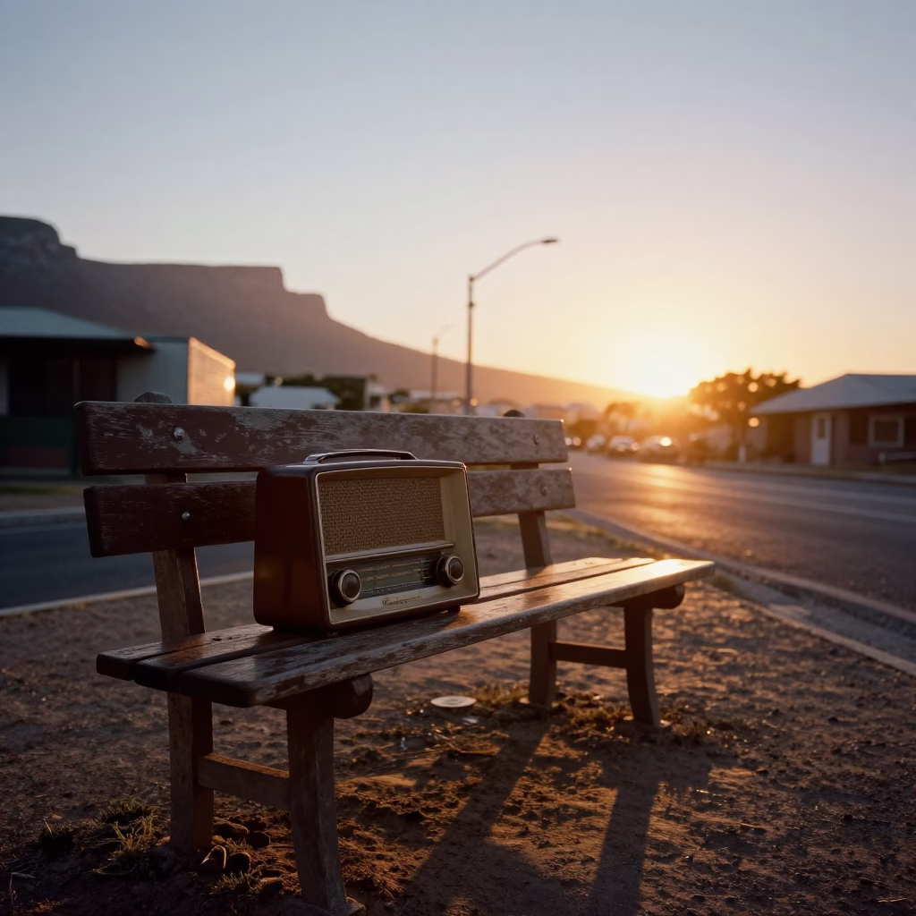 Vintage Radio on Wooden Bench in Cape Town Sunset Street Scene in in Cape Town, South Africa