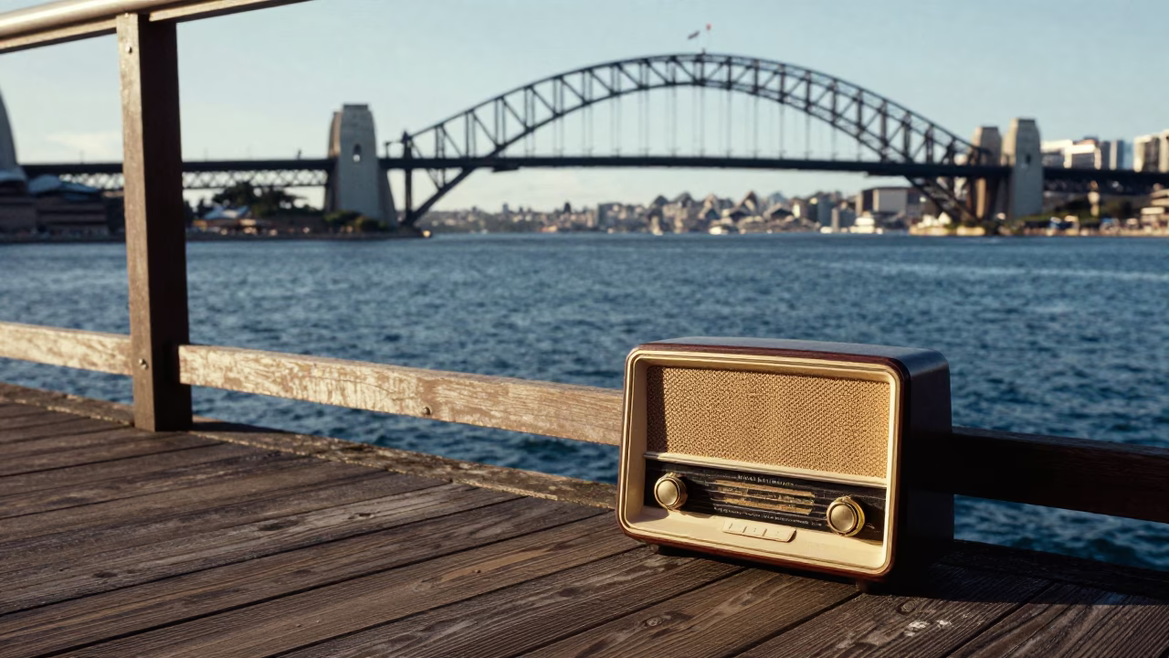 Vintage Radio on Wooden Deck at Sydney Harbour Bridge Early Afternoon in in Sydney, New South Wales, Australia