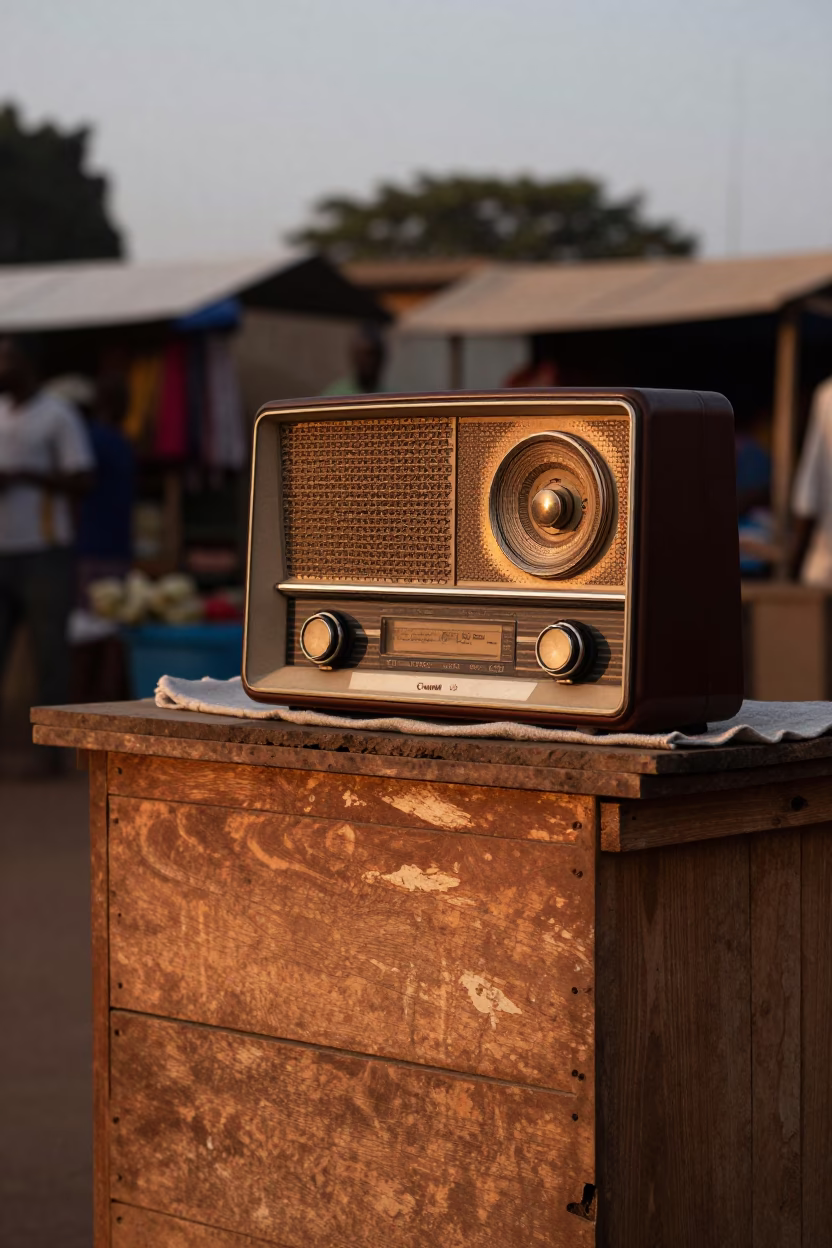 Vintage Radio on Wooden Stall in Accra Ghana Before Dusk Copper Light in in Accra, Ghana