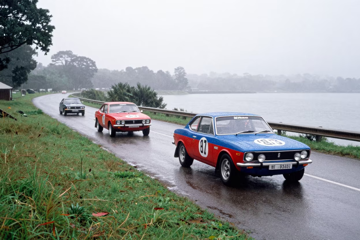 Vintage Rally Cars on Foggy Zambia Lane in beside a fogbound harbor mouth in Zambia