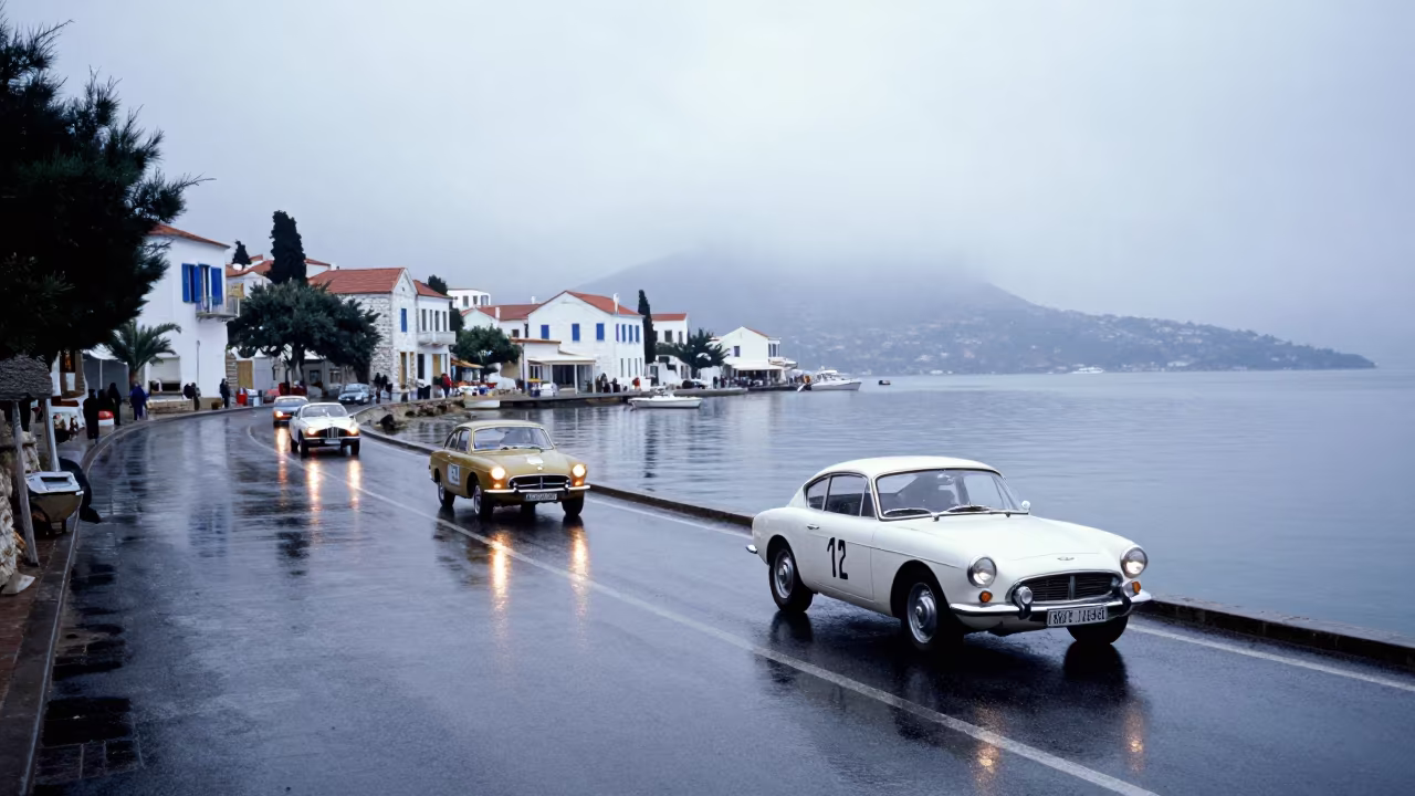 Vintage Rally Cars on Mirror Harbor Dawn in beside a fogbound harbor mouth in the Greek Islands
