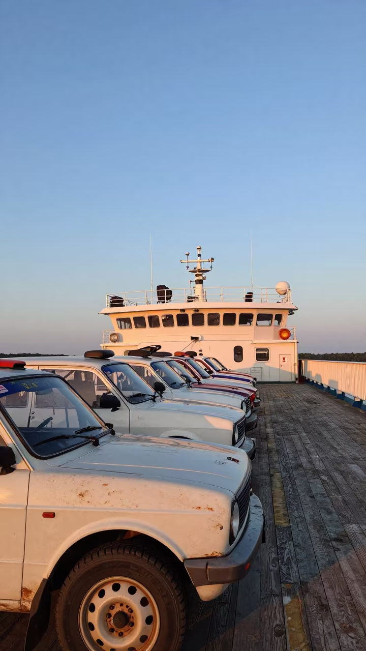 Vintage Rally Cars on Poland Ferry Crossing in across a remote ferry crossing in Poland