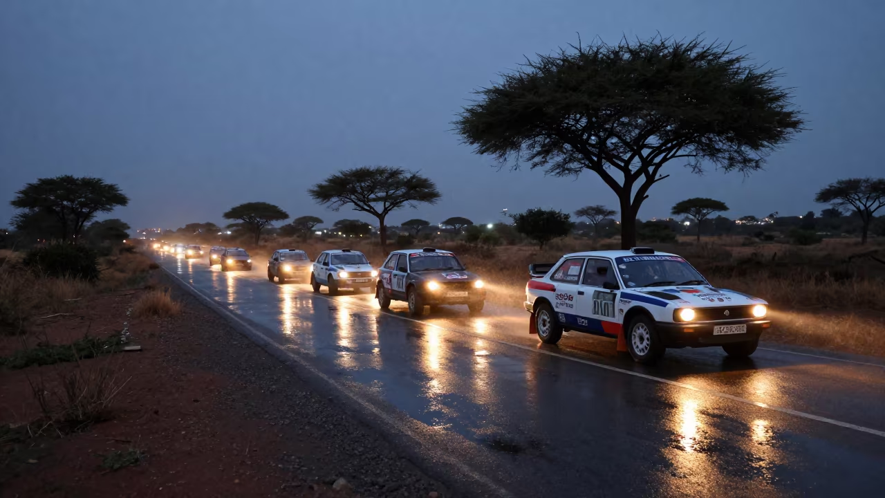 Vintage Rally Cars Reflected in Burkina Faso Puddles in along a switchback approach in Burkina Faso