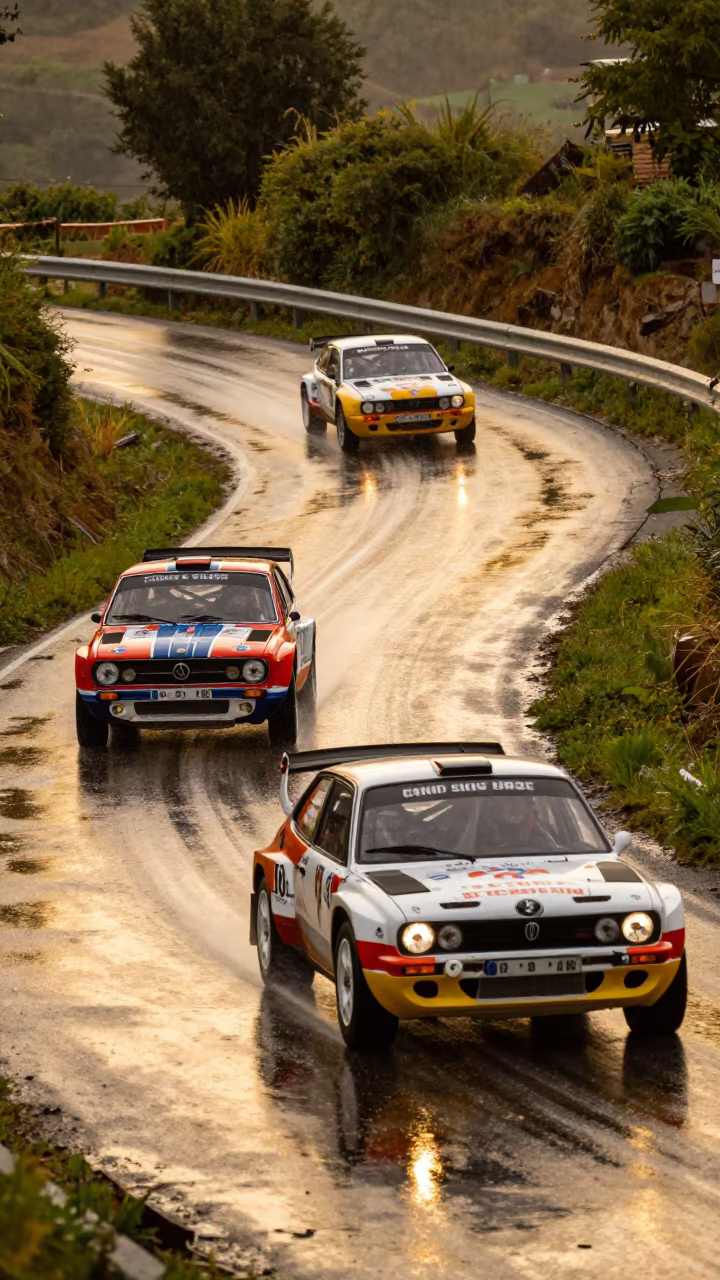 Vintage Rally Cars Umbria Monsoon Evening in along a switchback approach in Umbria