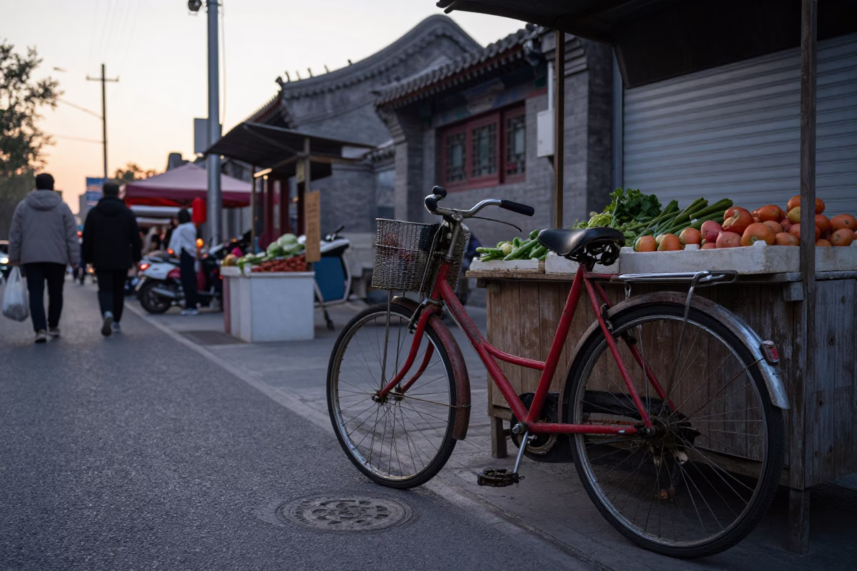 Vintage Red Bicycle and Morning Market Stalls in Beijing Dawn Light in in Beijing, China