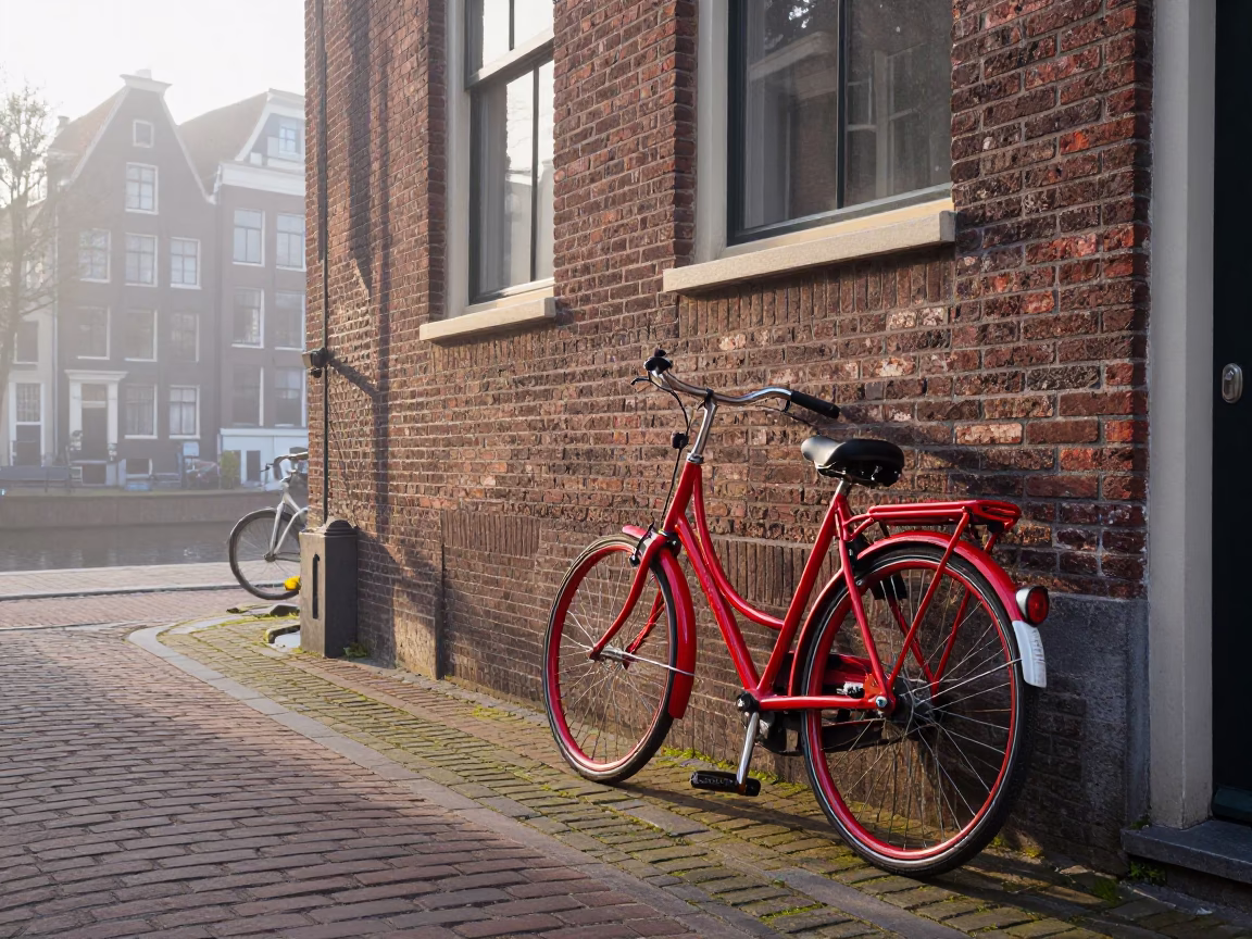 Vintage Red Bicycle Leaning Against Brick Canal House in Amsterdam Morning Light in in Amsterdam, Netherlands
