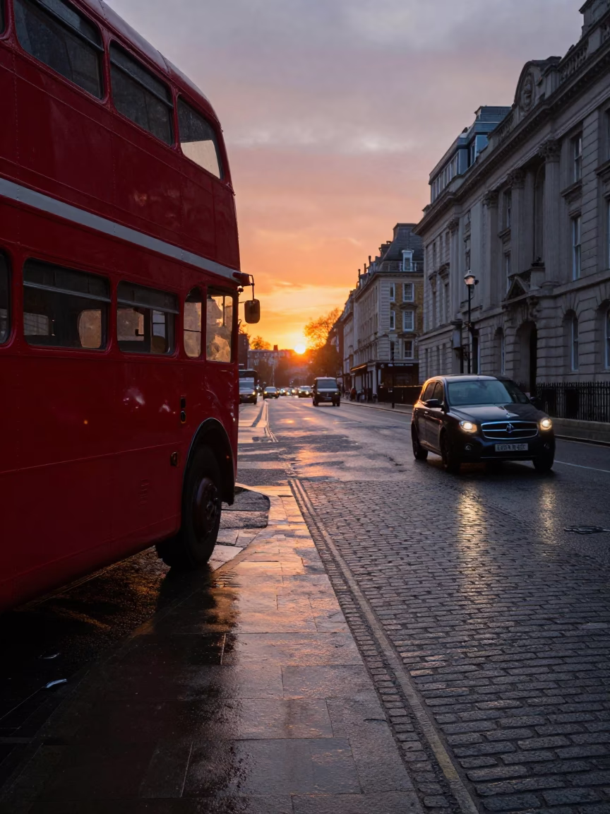 Vintage Red Double-Decker Bus and Classic Car at London Twilight Street Scene in in London, United Kingdom