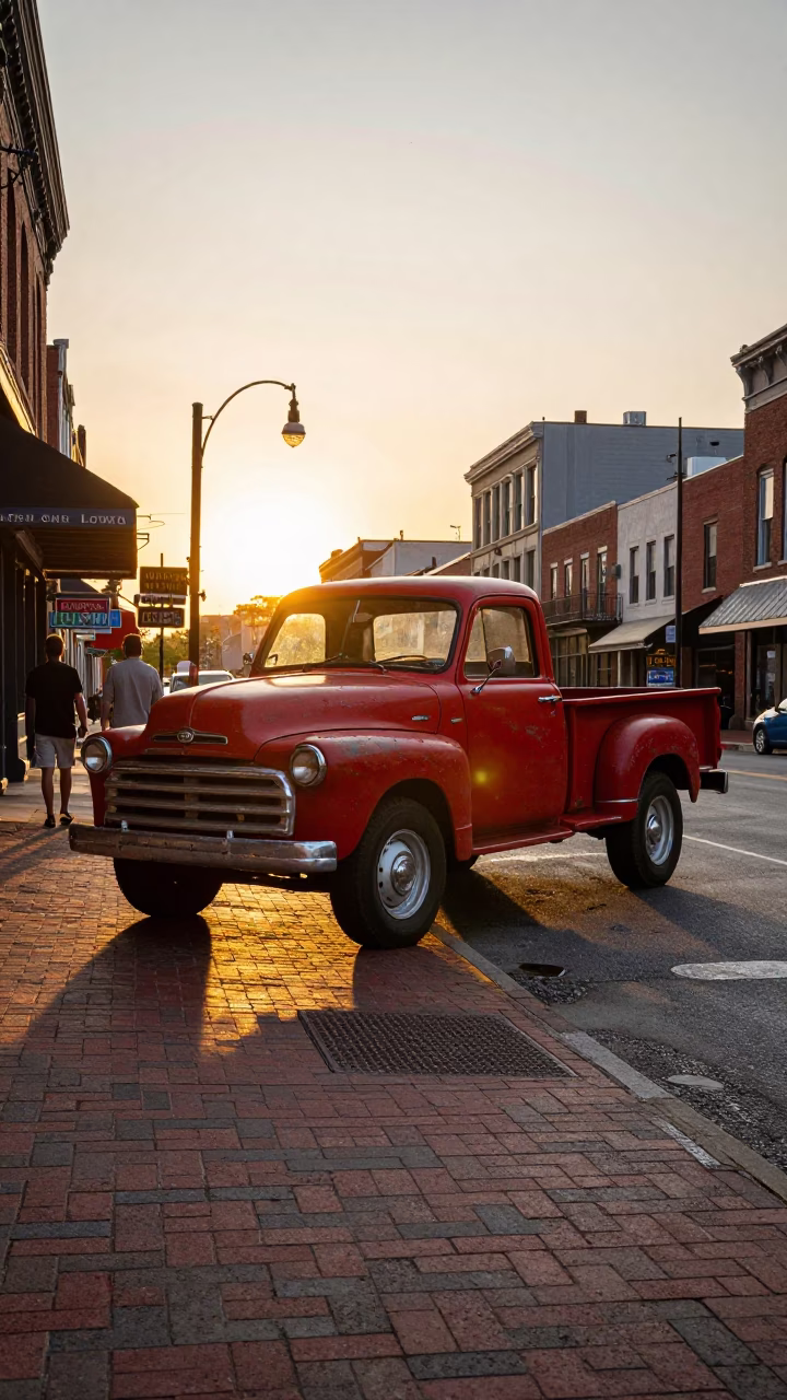Vintage Red Pickup Truck And Pedestrians in Nashville in in Nashville, Tennessee, United States