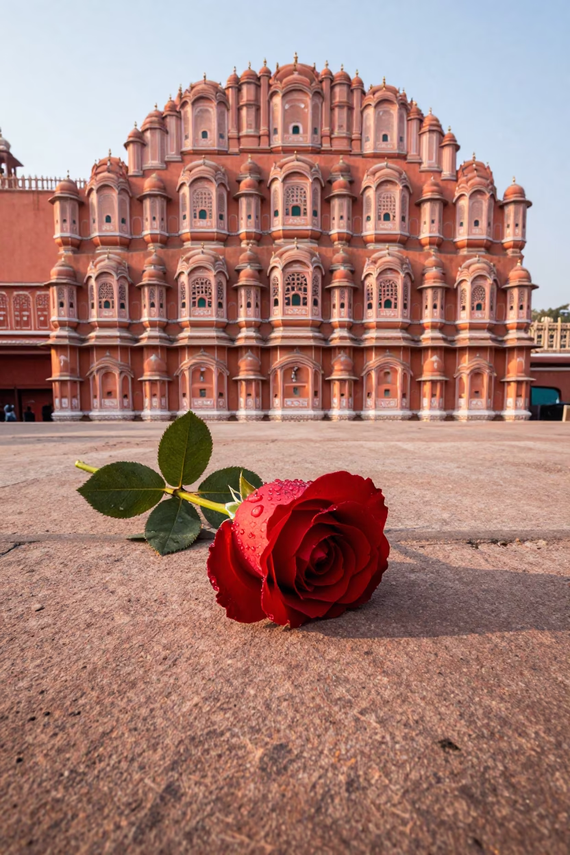 Vintage Red Rose with Dew Drops Resting on Jaipur Stone Archway Just After Sunrise in in Jaipur, India