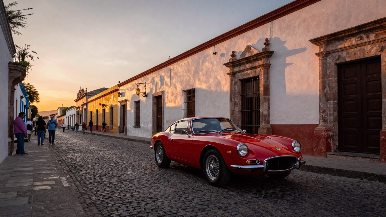 Vintage Red Sports Car in Merida Mexico Sunset Street Scene in in Merida, Mexico