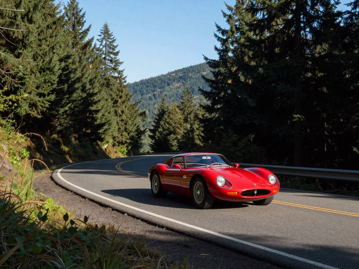 Vintage Red Sports Car on Mountain Road in Late Afternoon Light Portland Oregon Landscape in in Portland, Oregon, United States