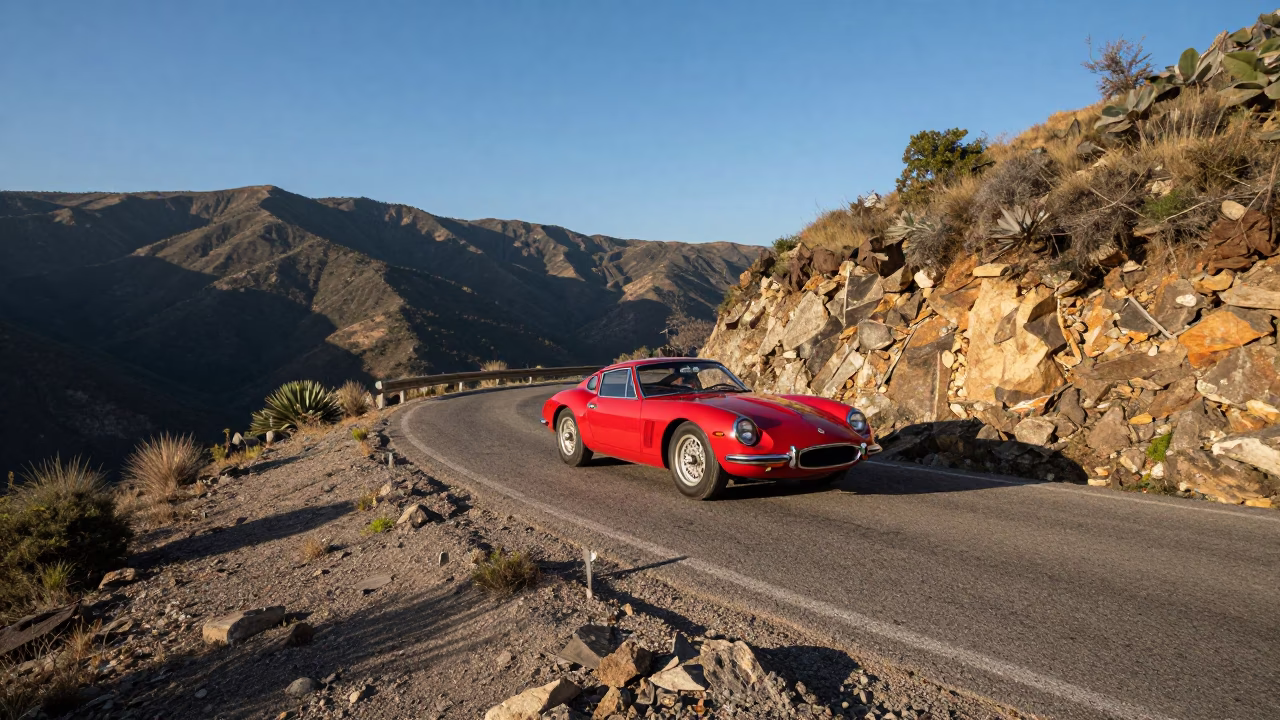 Vintage Red Sports Car on Mountain Road Near Guadalajara Mexico Late Afternoon Light in in Guadalajara, Mexico