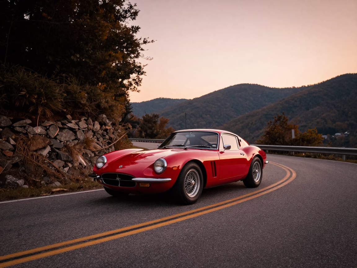 Vintage Red Sports Car on Nashville Mountain Road in Copper Toned Light Before Dusk in in Nashville, Tennessee, United States