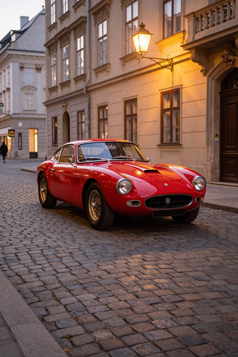 Vintage Red Sports Car on Vienna Cobblestone Street in Copper Dusk Light in in Vienna, Austria