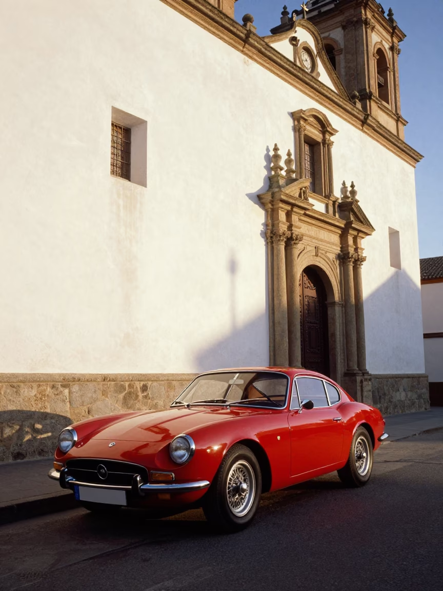 Vintage Red Sports Car Parked Near Seville Church Late Morning in in Seville, Spain