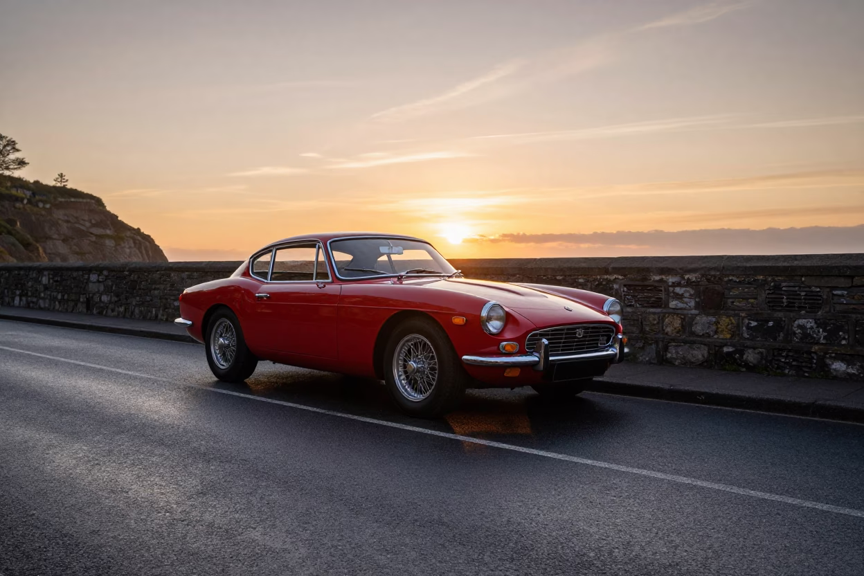 Vintage Red Sports Car Parked on Bristol Cliff Road at Sunset in in Bristol, United Kingdom