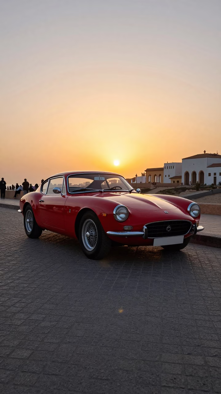 Vintage Red Sports Car Parked on Casablanca Street at Sunset in in Casablanca, Morocco