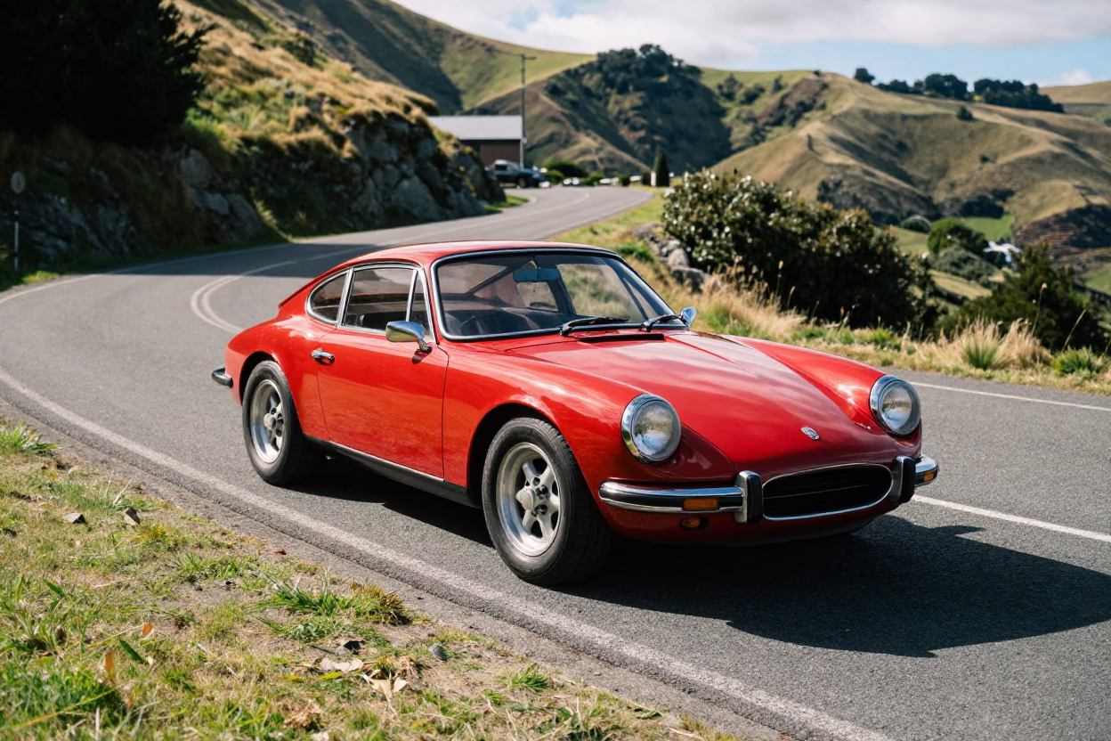 Vintage Red Sports Car Parked on Christchurch Mountain Road Early Afternoon in in Christchurch, New Zealand