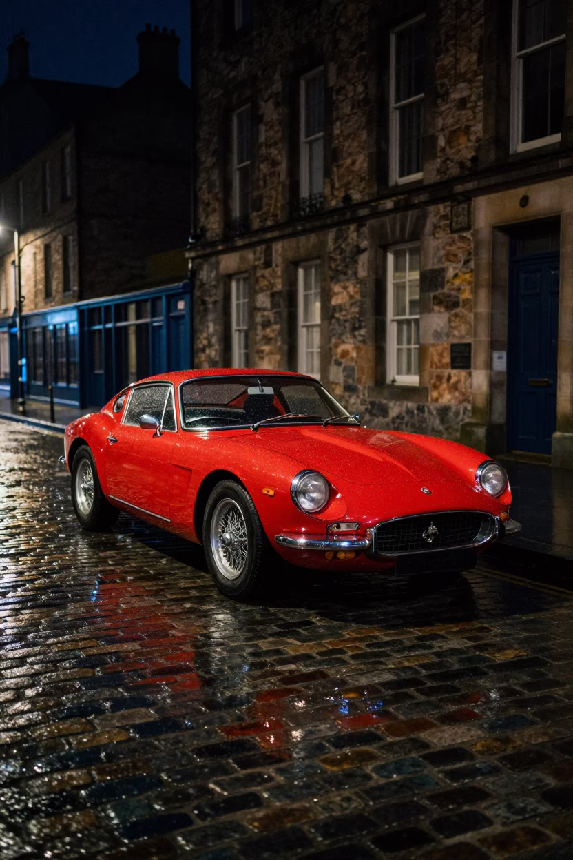 Vintage Red Sports Car Parked on Edinburgh Cobblestone Street at Night in in Edinburgh, United Kingdom