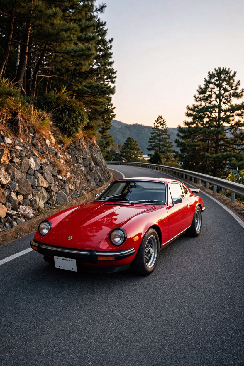 Vintage Red Sports Car Parked on Kyoto Mountain Road at Golden Hour in in Kyoto, Japan