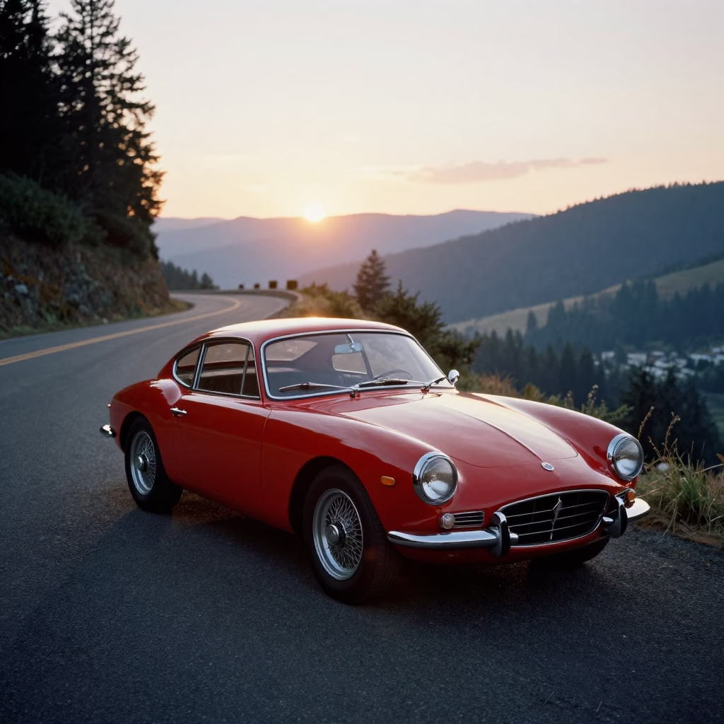 Vintage Red Sports Car Parked on Mountain Road in Portland Oregon at Sunset in in Portland, Oregon, United States