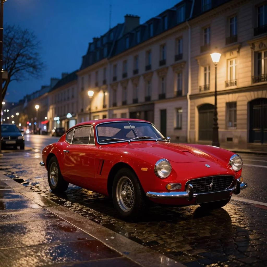 Vintage Red Sports Car Parked on Parisian Street Under Deep Night Sky in in Paris, France