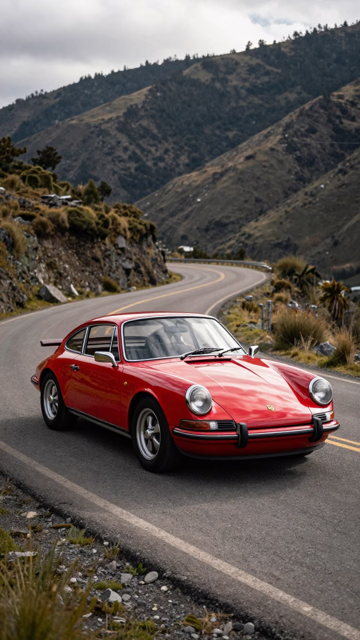 Vintage Red Sports Car Parked on Quito Mountain Road Early Afternoon with Magnolia Bloom in in Quito, Ecuador