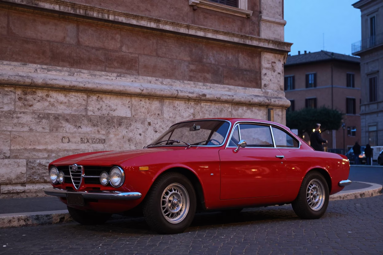 Vintage Red Sports Car Parked on Roman Street Before Dawn in in Rome, Italy