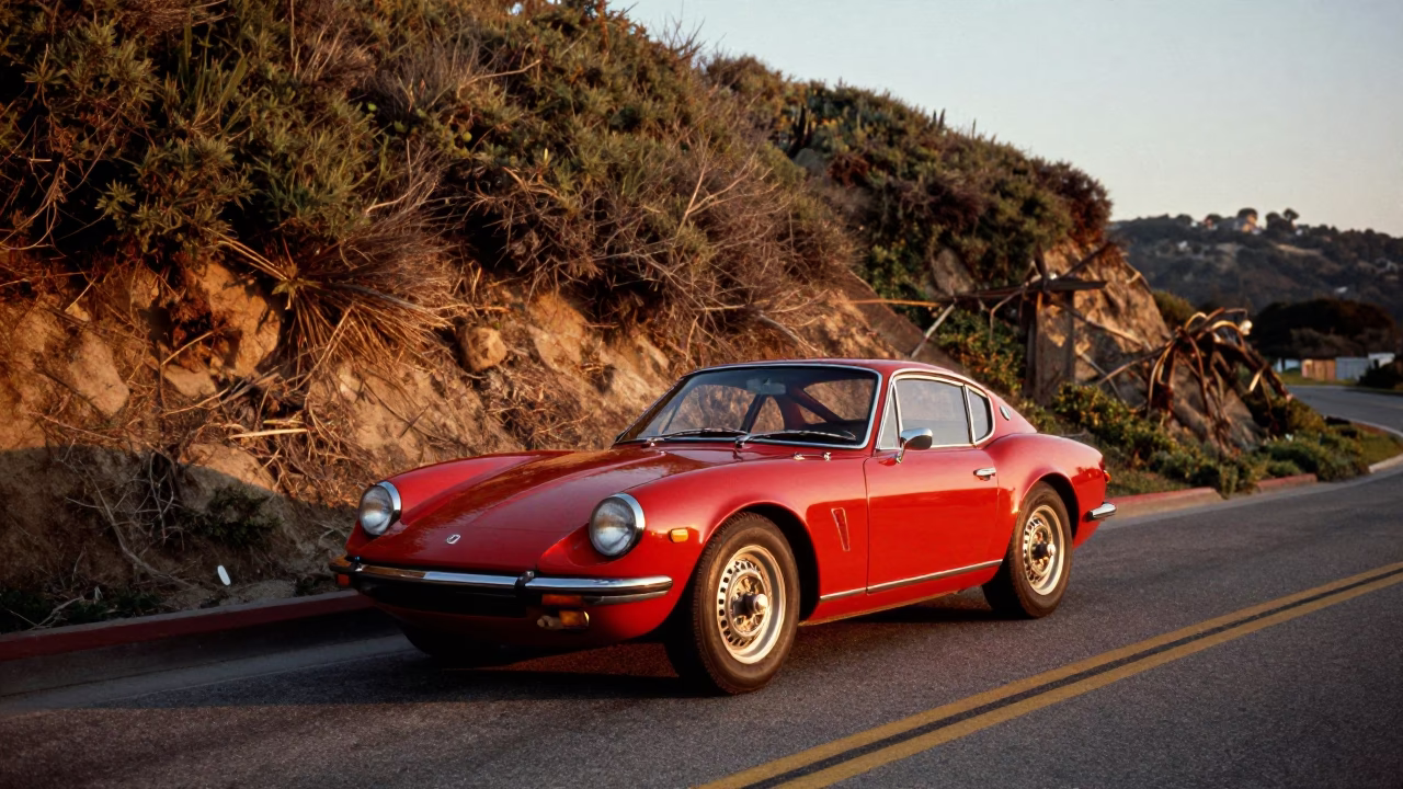 Vintage Red Sports Car Parked on San Diego Hillside Road During Honeyed Evening Light in in San Diego, California, United States