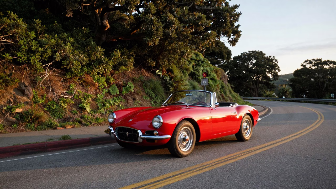 Vintage Red Sports Car Parked on San Francisco Mountain Road at Sunset in in San Francisco, California, United States