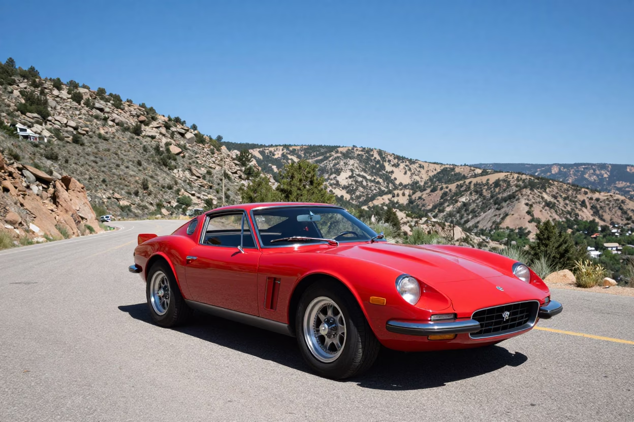 Vintage Red Sports Car Parked on Santa Fe Mountain Road Midday Sun in in Santa Fe, New Mexico, United States