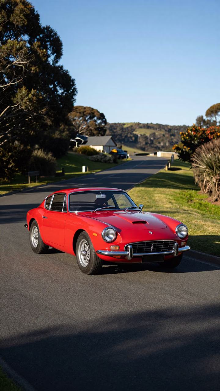 Vintage Red Sports Car Parked on Serpentine Alpine Road in Hobart Tasmania Late Afternoon in in Hobart, Tasmania, Australia