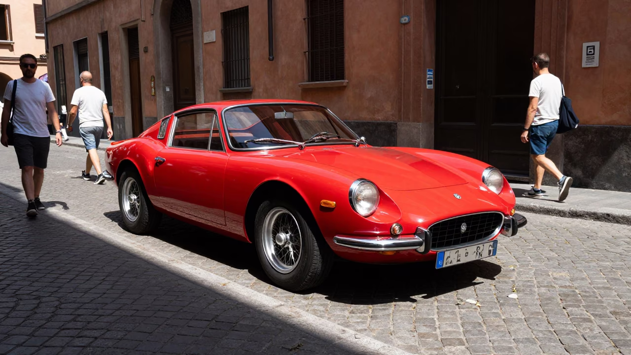 Vintage red sports car parked on sunlit Bologna street midday with local pedestrians in in Bologna, Italy