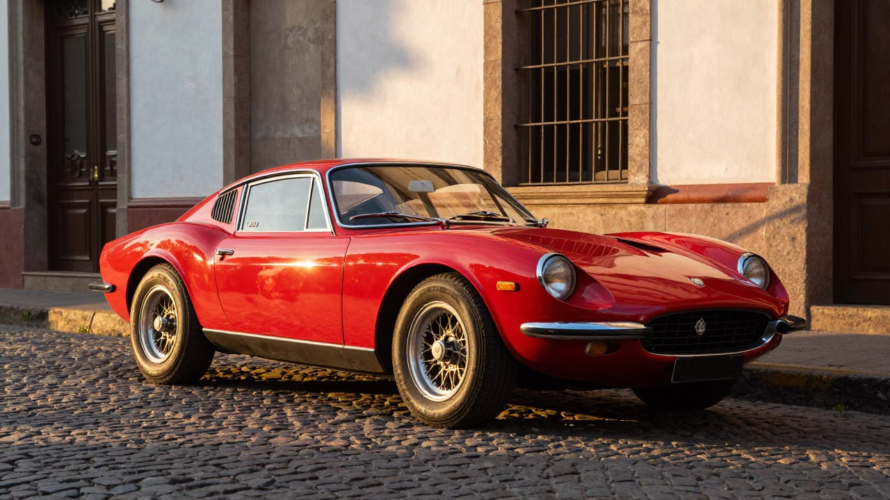 Vintage Red Sports Car Parked on Sunset Cobblestone Street in Buenos Aires Argentina in in Buenos Aires, Argentina