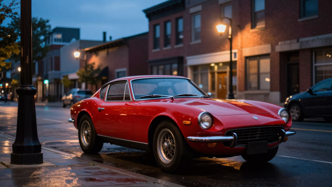 Vintage Red Sports Car Parked on Toronto Street at Twilight with City Lights in in Toronto, Ontario, Canada