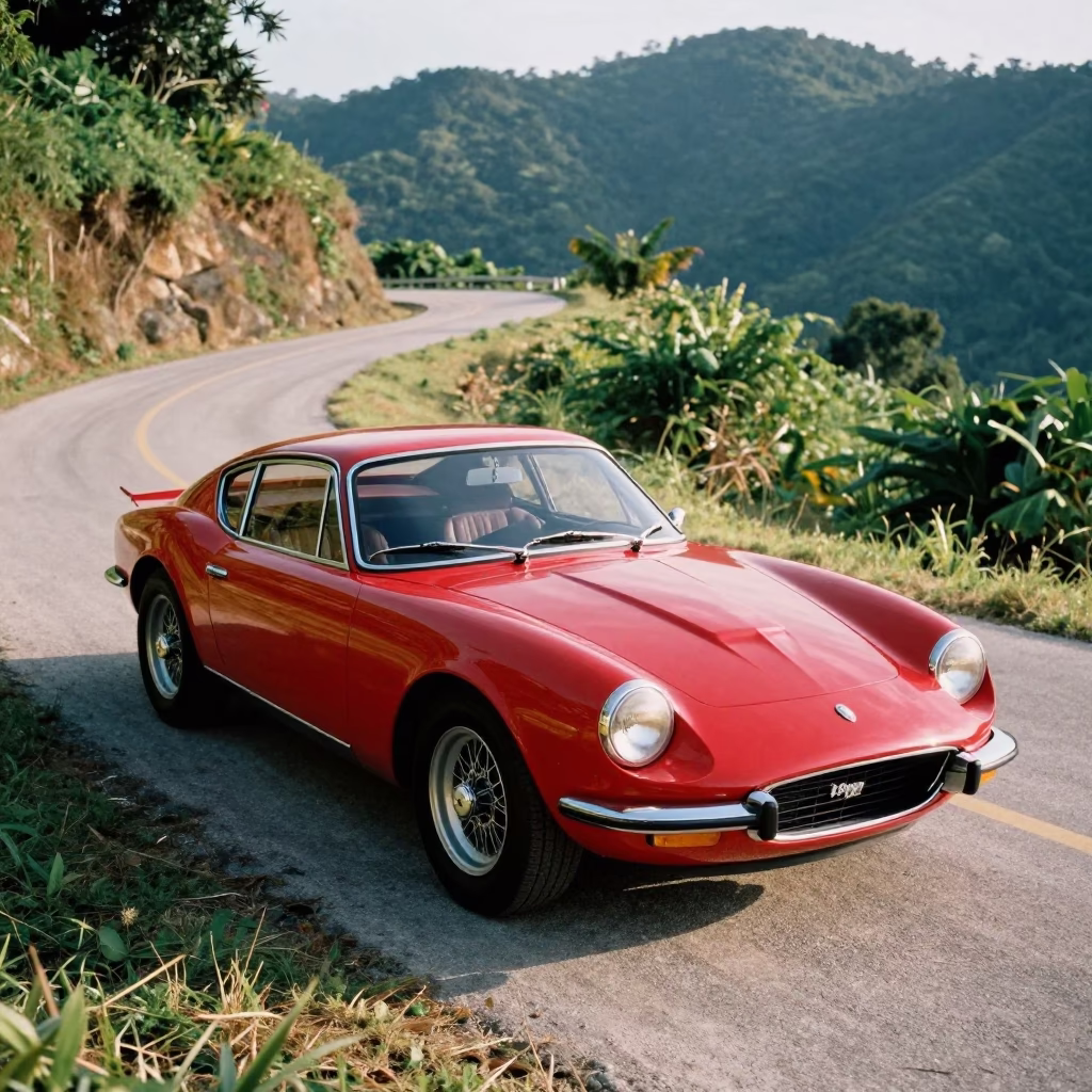 Vintage Red Sports Car Parked on Winding Mountain Road in Phuket Thailand Early Afternoon in in Phuket, Thailand