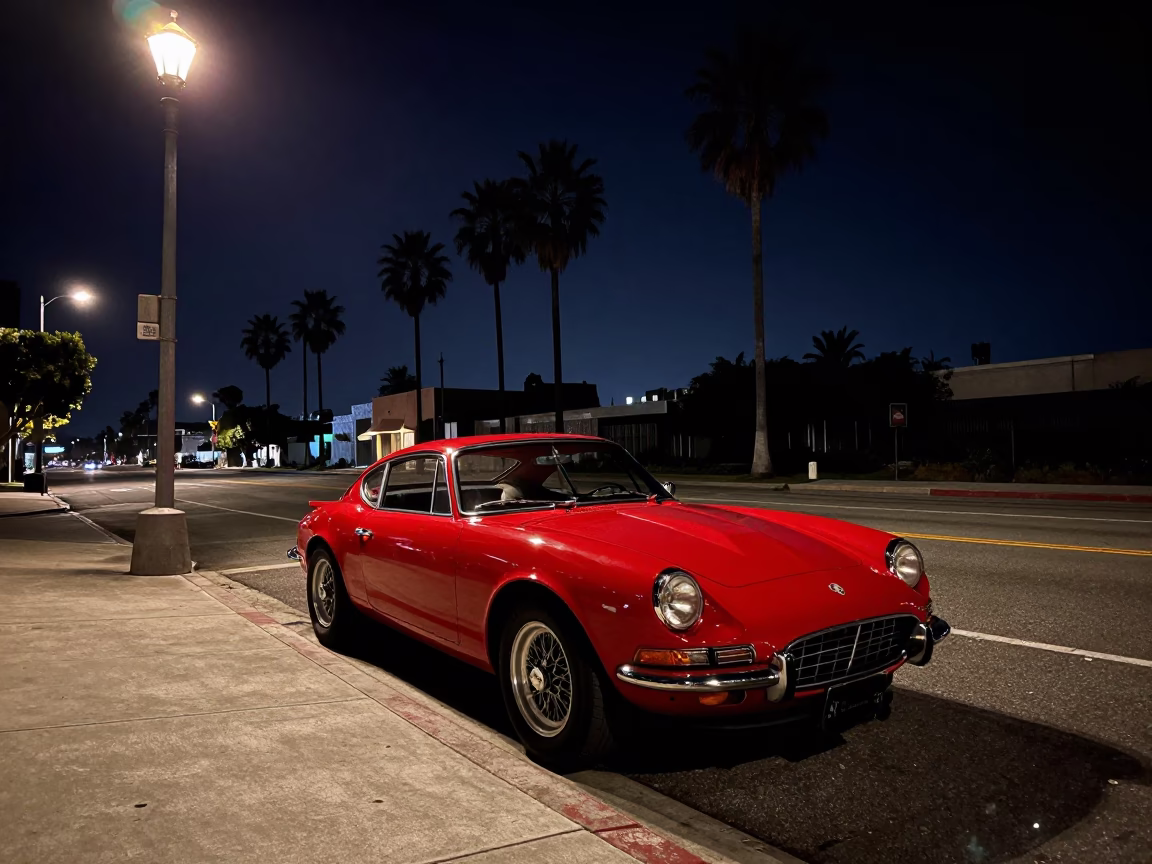 Vintage Red Sports Car Parked Under Los Angeles Streetlights at Night in in Los Angeles, California, United States