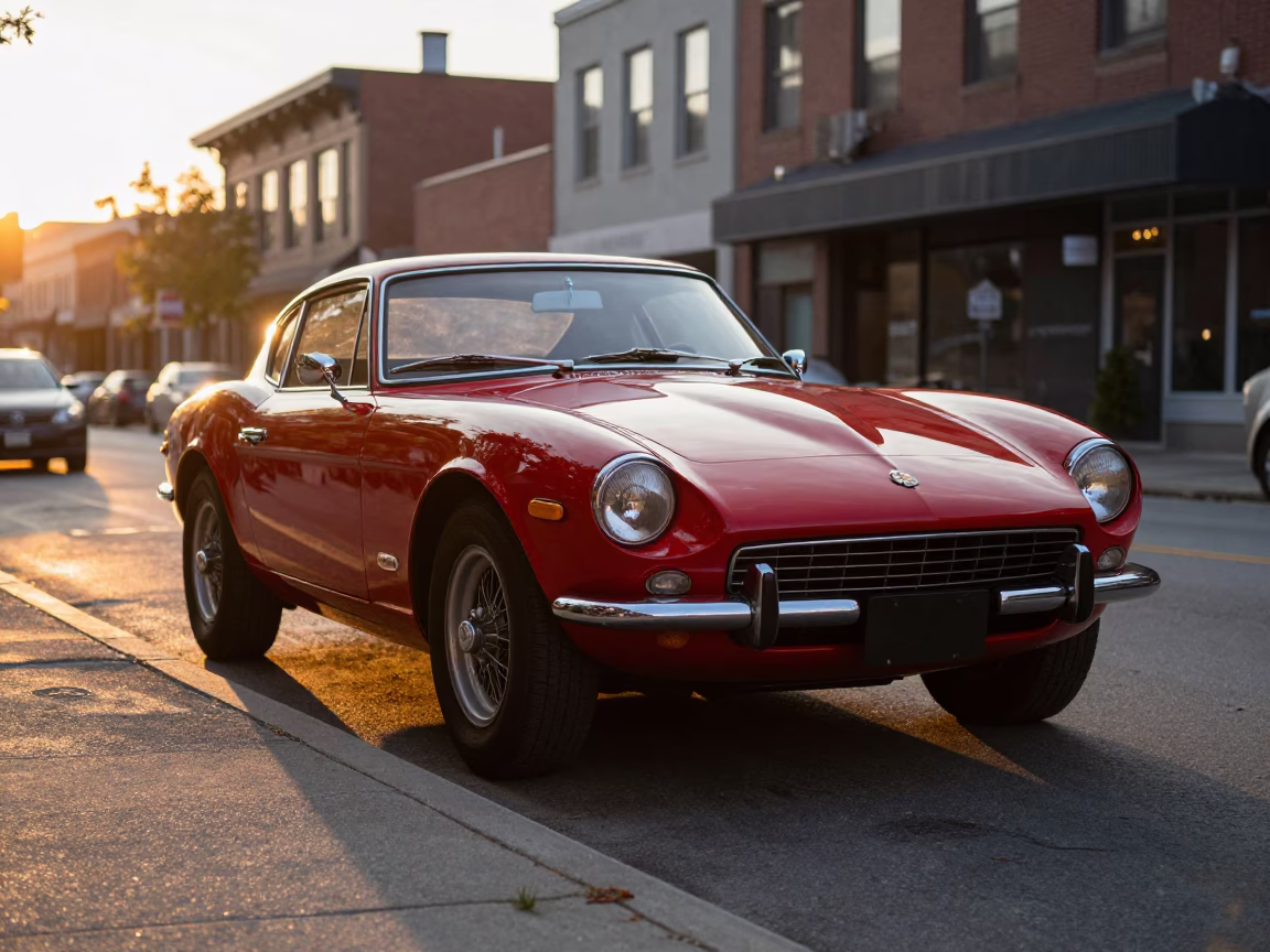 Vintage Red Sports Car Sunset Street Scene Toronto Ontario Canada in in Toronto, Ontario, Canada
