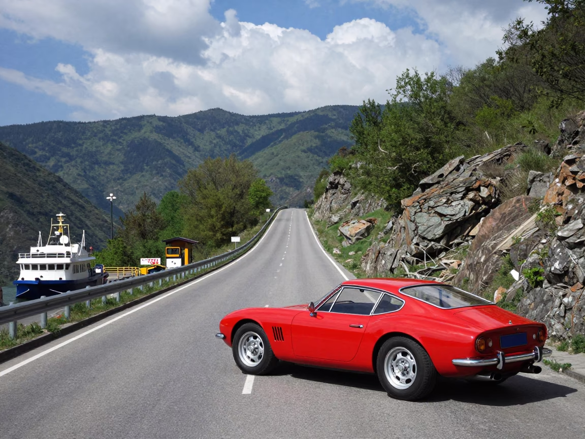 Vintage Red Sports Car on Tbilisi Mountain Road in across a remote ferry crossing near Tbilisi