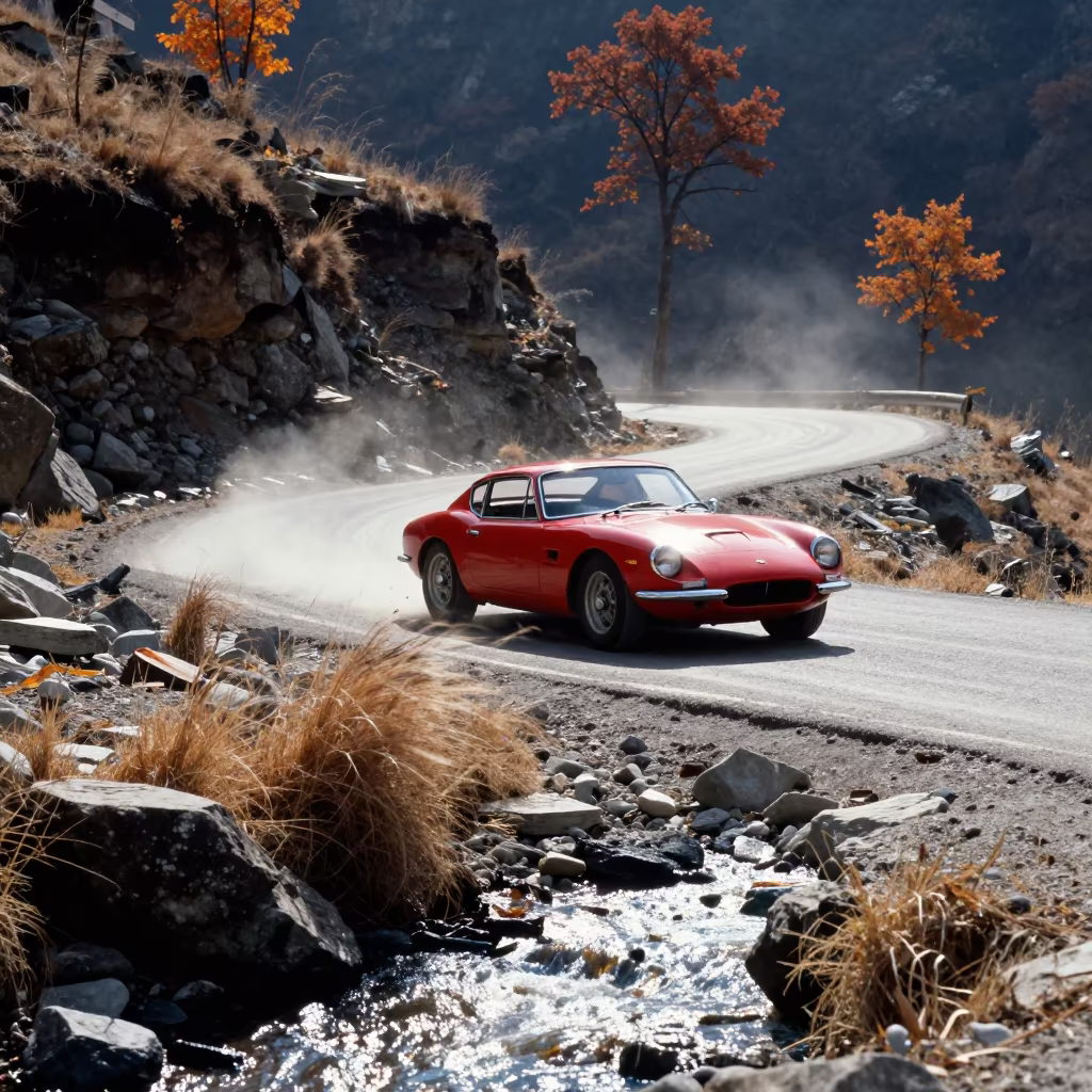 Vintage Red Sports Car on Uttarakhand Mountain Road in along a switchback approach in Uttarakhand