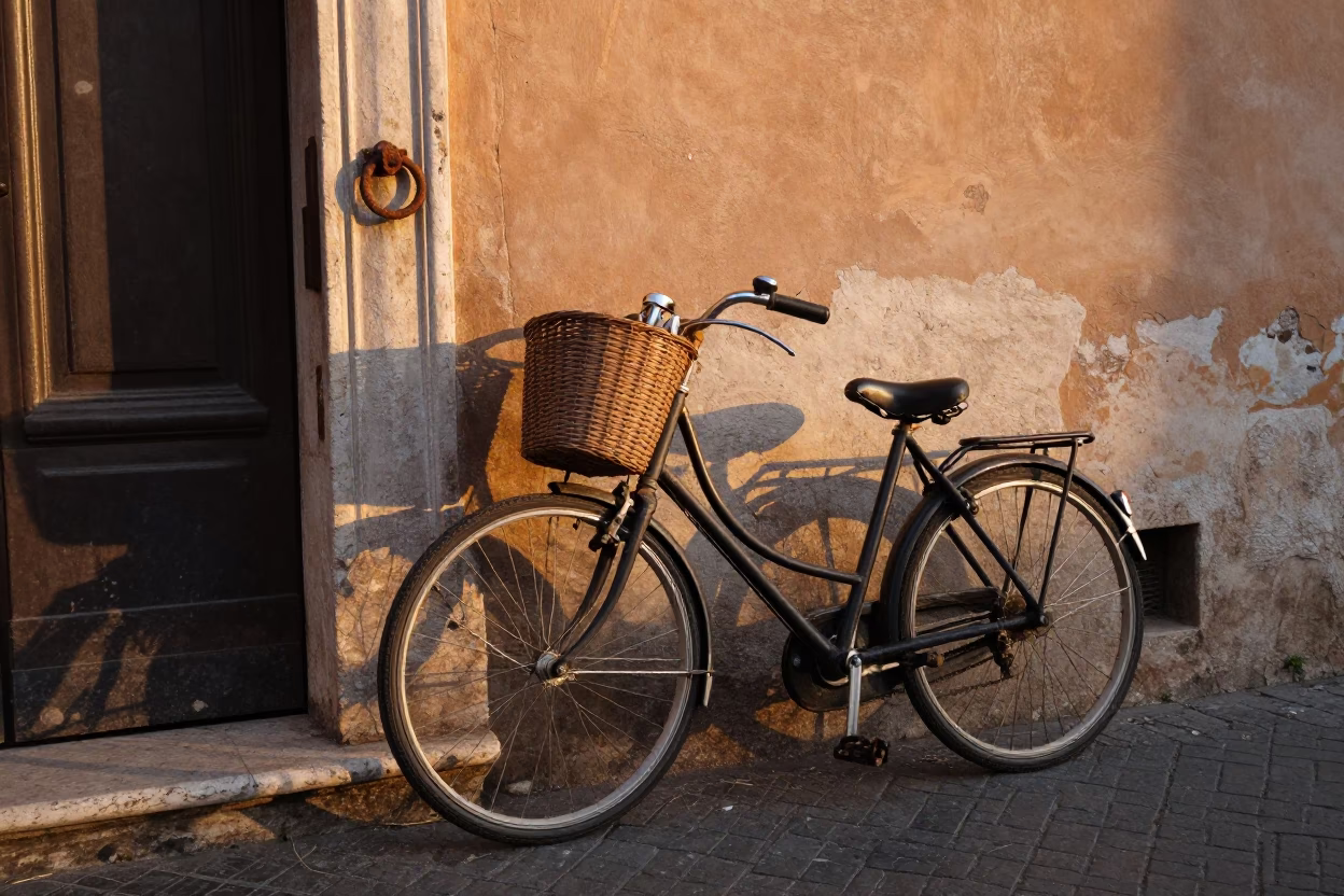 Vintage Roman Street Scene at Sunset with Bicycle Basket and Iron Door Hardware in in Rome, Italy