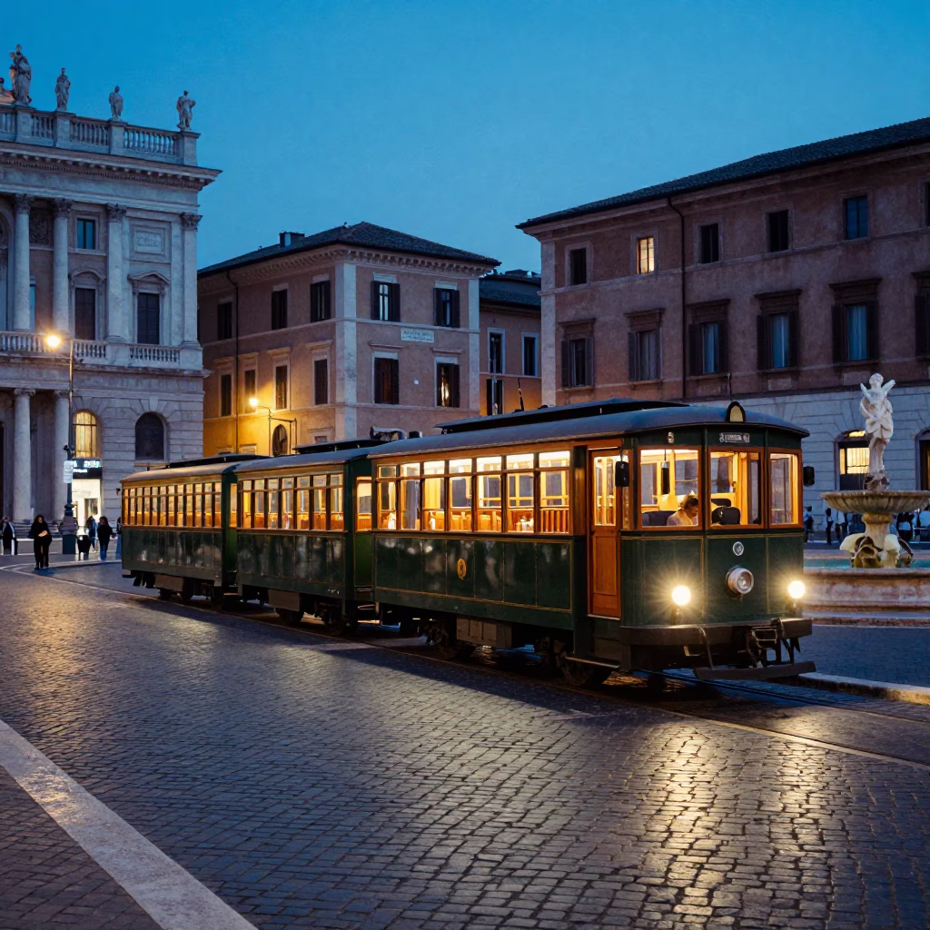 Vintage Rome Evening Street Scene with Narrow Gauge Train and Local Life in in Rome, Italy