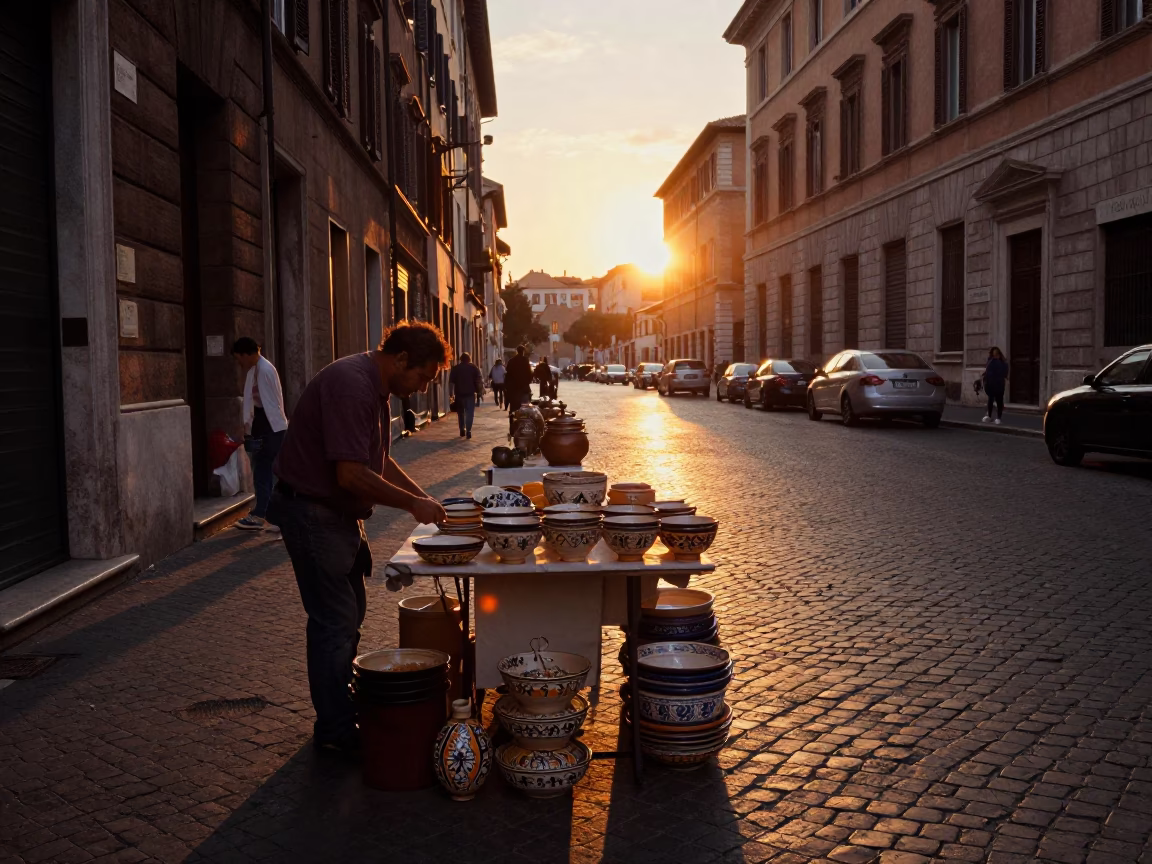Vintage Rome Evening Street Scene with Traditional Ceramic Pottery and Sunset Light in in Rome, Italy