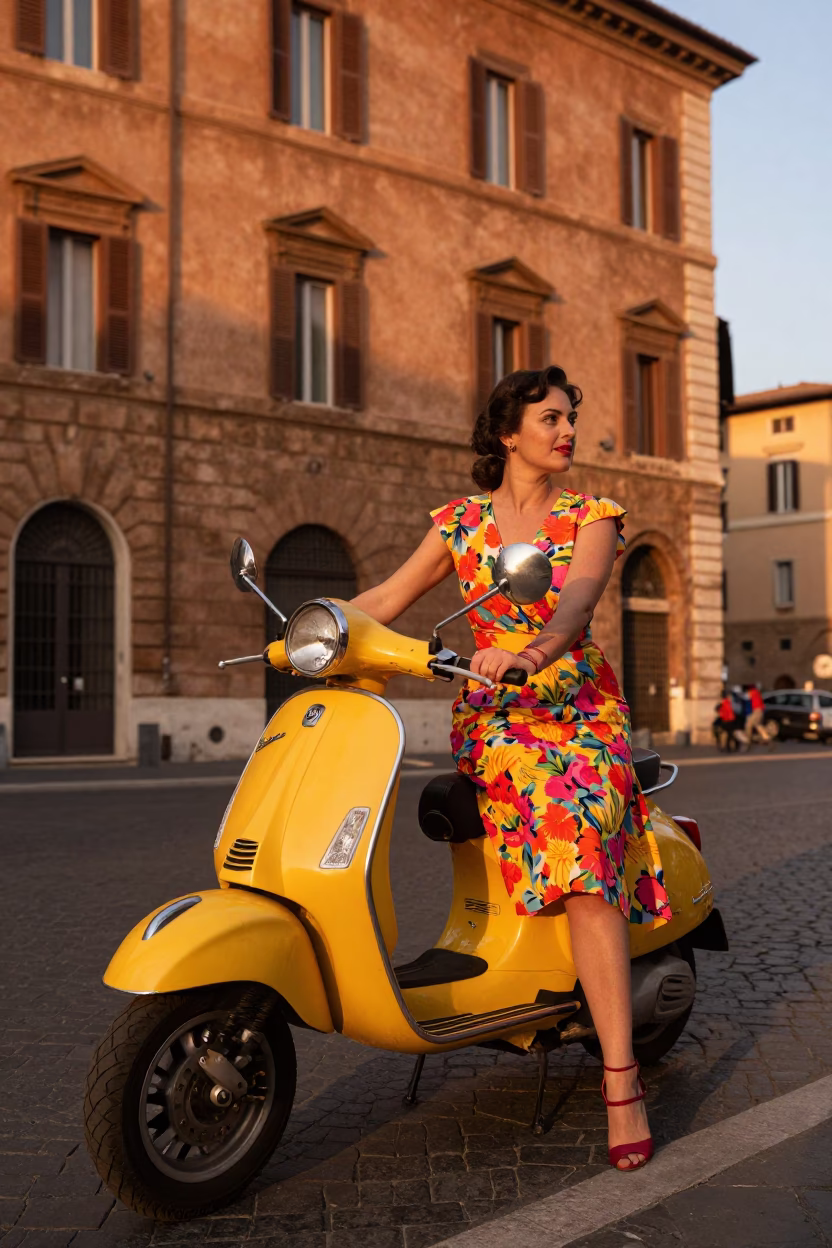 Vintage Rome Street Scene with Yellow Vespa and Classic Architecture in Dusk in in Rome, Italy