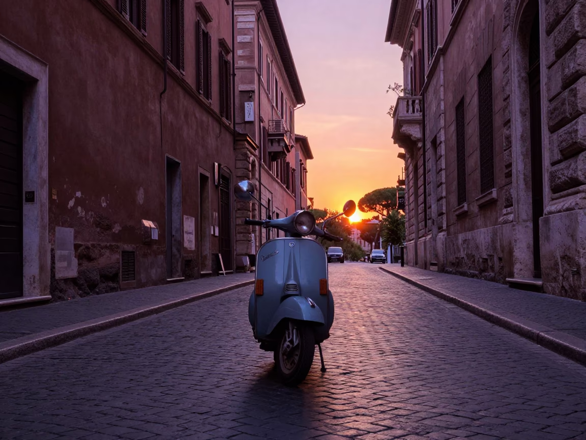 Vintage Rome Sunset Scooter Weaving Through Historic Cobblestone Street in in Rome, Italy