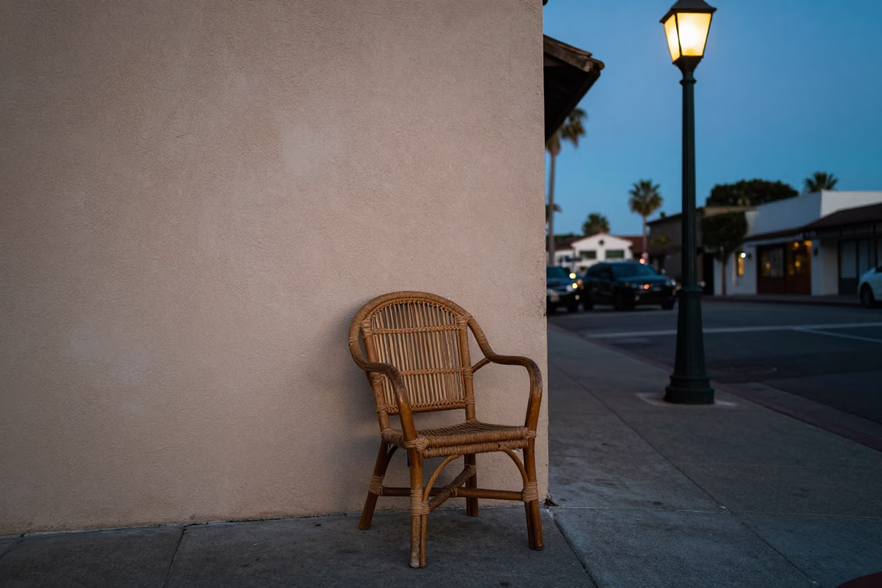 Vintage San Diego Blue Hour Street Scene with Lantern and Rattan Chair in in San Diego, California, United States