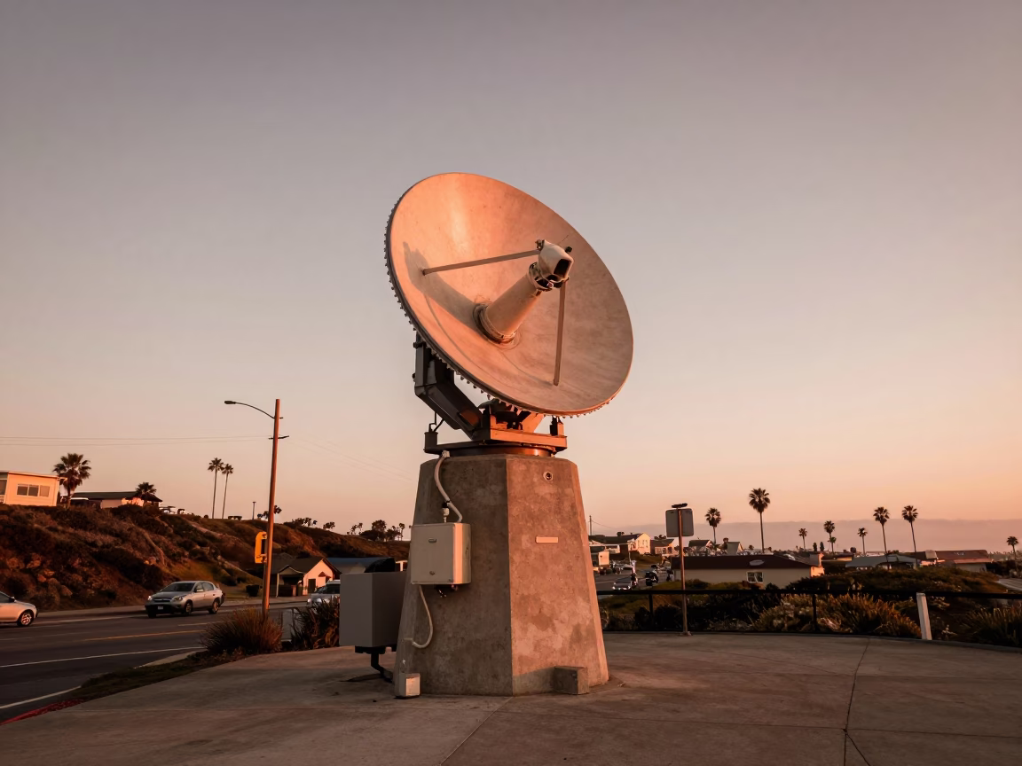 Vintage San Diego Coastal Bluff Scene with Weather Radar Installation in Copper Dusk Light in in San Diego, California, United States