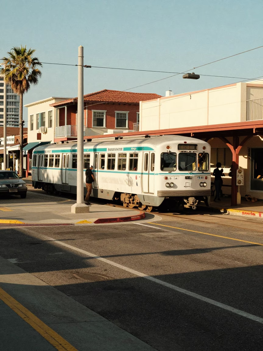 Vintage San Diego Coastal Street Scene with Metro Train and Early Afternoon Sunlight in in San Diego, California, United States
